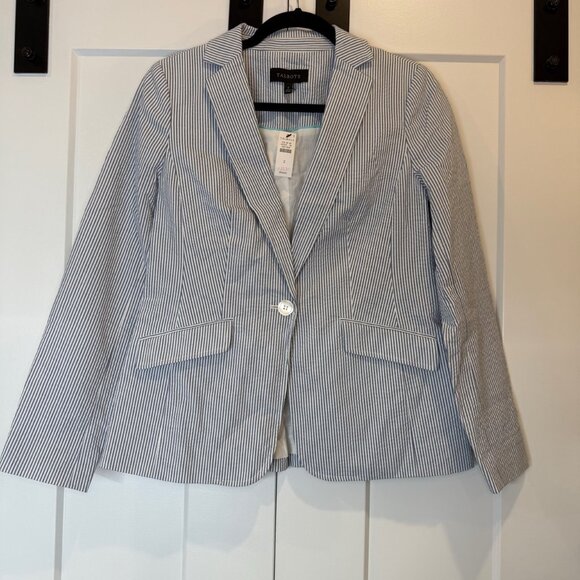 NWT Talbots Women’s 2 Blue White Seersucker Cotton Blazer Lined 1-Button Jacket - Picture 2 of 9
